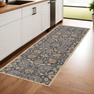 8' Taupe And Orange Wool Floral Distressed Runner Rug
