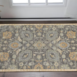 3' X 5' Taupe And Orange Wool Floral Distressed Area Rug