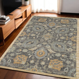 5' X 8' Taupe Orange And Gray Wool Floral Distressed Area Rug