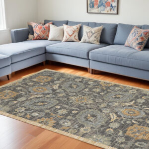 9' X 13' Taupe Orange And Gray Wool Floral Distressed Area Rug