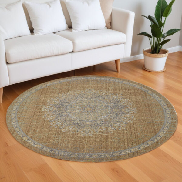 9' Coffee And Gray Wool Floral Medallion Distressed Round Rug
