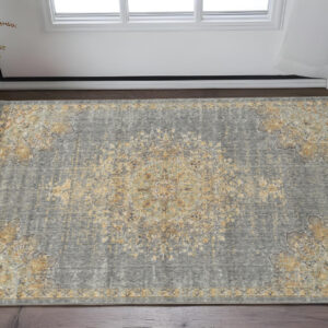 3' X 5' Slate Gray And Orange Wool Medallion Distressed Area Rug