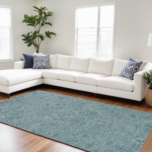 8' X 10' Blue and Beige Wool Floral Hand Tufted Area Rug