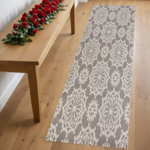 7' Gray And Ivory Floral Runner Rug
