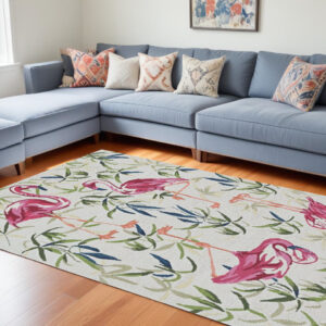 8' X 10' Ivory And Pink Flamingo Hand Hooked Area Rug