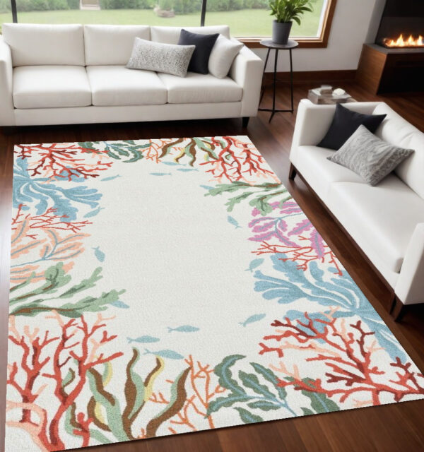 5' X 7' Ivory Red And Pink Fish and Coral Hand Tufted Area Rug
