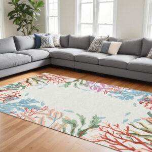 8' X 10' Ivory Red And Pink Fish and Coral Hand Hooked Area Rug