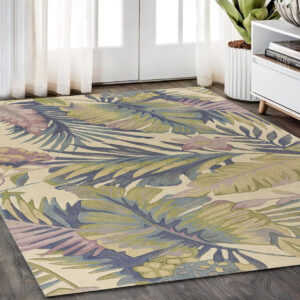 5' X 8' Ivory Blue And Green Wool Tropical Botanical Hand Tufted Area Rug