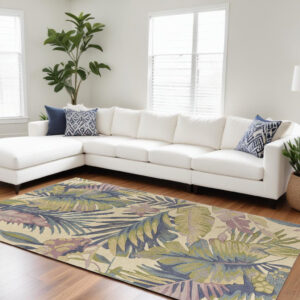8' X 10' Ivory Blue And Green Wool Tropical Botanical Hand Tufted Area Rug