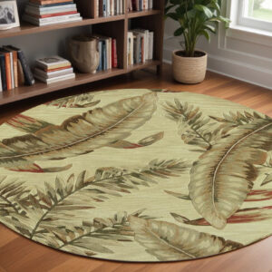 8' Ivory Green And Red Wool Tropical Botanical Hand Tufted Round Rug
