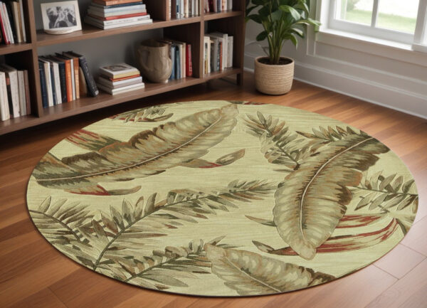 8' Ivory Green And Red Wool Tropical Botanical Hand Tufted Round Rug