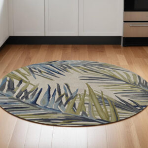 5' Ivory Green and Blue Wool Tropical Botanical Hand Tufted Round Rug