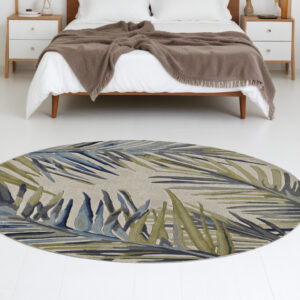 8' Ivory Blue And Green Wool Tropical Botanical Hand Tufted Round Rug