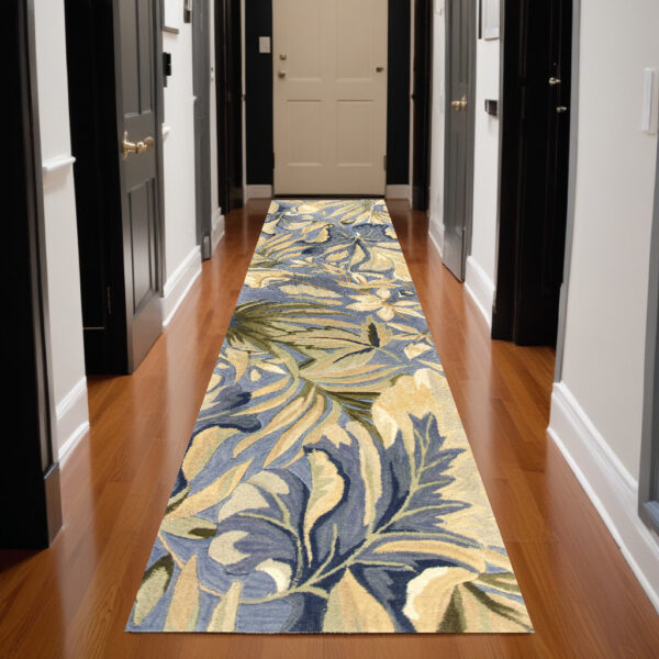2' X 10' Blue Tropical Leaves Wool Indoor Runner Rug - Image 2