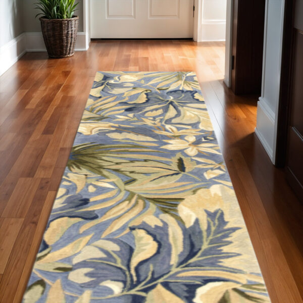 2' X 10' Blue Tropical Leaves Wool Indoor Runner Rug