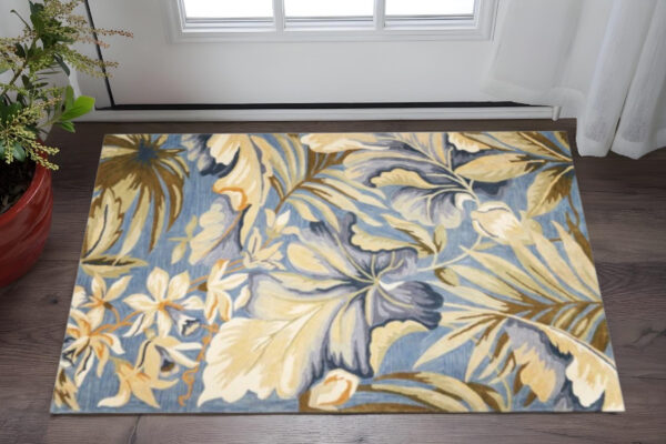3' X 5' Blue Beige And Green Wool Botanical Leaves Hand Tufted Area Rug