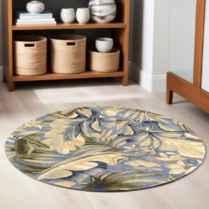 6' Blue Beige And Green Wool Tropical Botanical Hand Tufted Round Rug