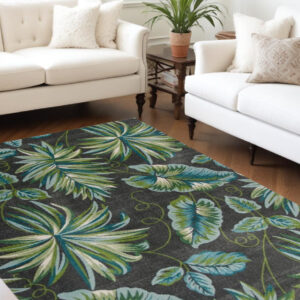 8' X 11' Grey Teal Machine Woven Oversized Tropical Leaves Indoor Area Rug
