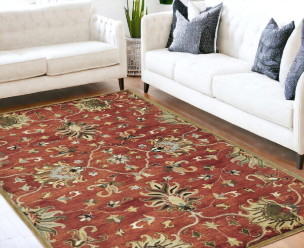 5' X 8' Rust Beige And Gray Wool Floral Hand Tufted Area Rug