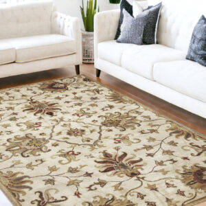 5' X 8' Champagne Red And Black New Zealand Lambs Wool Floral Hand Tufted Area Rug