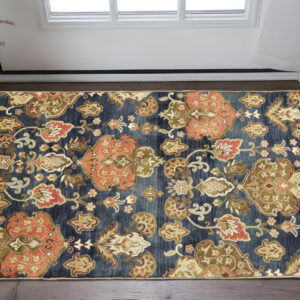3' X 5' Navy Blue And Orange New Zealand Lambs Wool Floral Hand Tufted Area Rug