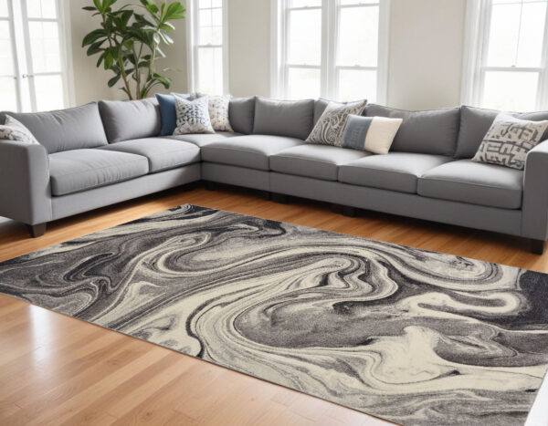 8' X 10' Ivory Black and Gray Abstract Shag Area Rug