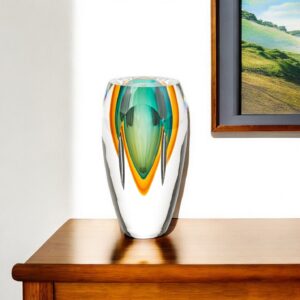 6" Clear Amber and Green Abstract Murano Glass Table Vase