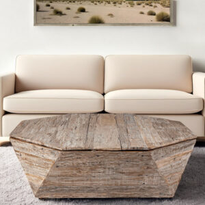 49" Natural Wood Octagon Distressed Lift Top Abstract Coffee Table