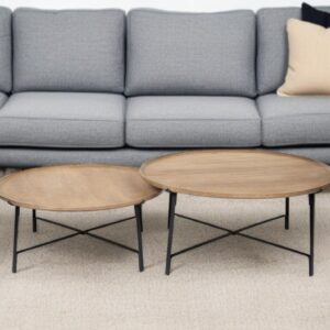 Set of Two Brown and Black Solid Wood and Iron Round Nested Coffee Tables