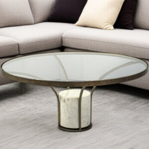 36" Antiqued Gold And White Glass Iron and Marble Round Pedestal Coffee Table