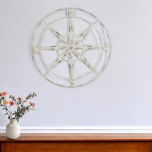 Nautical Compass Metal Wall Decor With Distressed White Finish