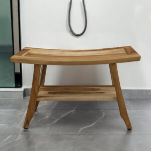 28" Natural Solid Teak Rectangular Shower Bench With Shelf