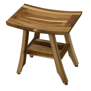 Compact Rectangular Teak Shower Outdoor Bench With Shelf In Natural Finish