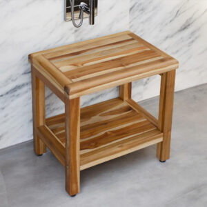 18" Contemporary Teak Shower Stool Or Bench With Shelf In Natural Finish