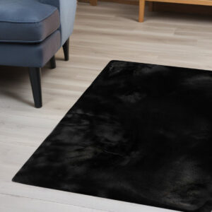 3' X 5' Black Faux Rabbit Fur Area Rug