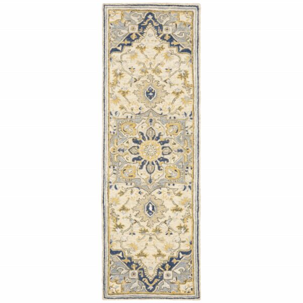 3' X 8' Blue And Ivory Bohemian Runner Rug