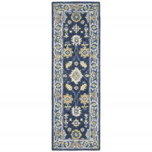 8' Blue And Gold Wool Hand Tufted Runner Rug