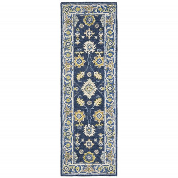 8' Blue And Gold Wool Hand Tufted Runner Rug