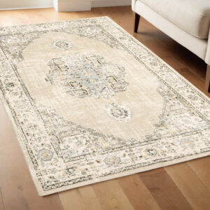 4' X 6' Beige And Ivory Center Jewel Area Rug