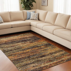 7' X 10' Gold Slate Blue And Orange Abstract Distressed Area Rug