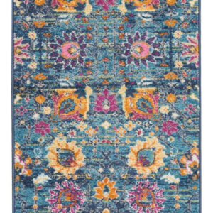 8' Blue And Orange Floral Distressed Runner Rug