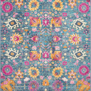 4' X 6' Blue And Orange Floral Distressed Area Rug