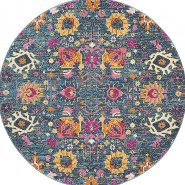4' Blue And Orange Floral Distressed Round Rug