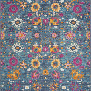8' X 10' Blue And Orange Floral Distressed Area Rug