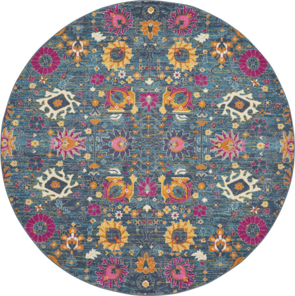 8' Blue And Orange Floral Distressed Round Rug