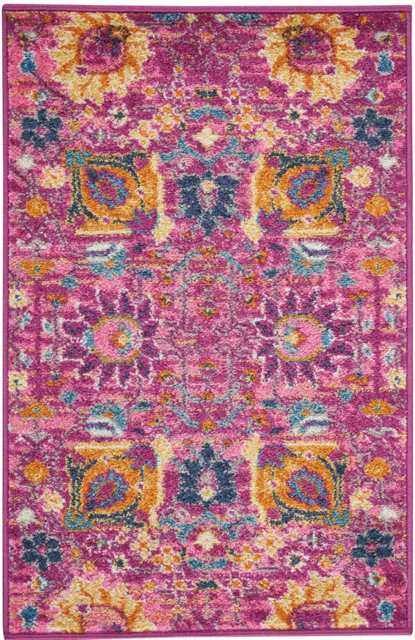 2' X 3' Fuchsia And Orange Floral Distressed Area Rug