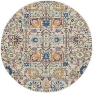 4' Ivory And Blue Floral Round Rug