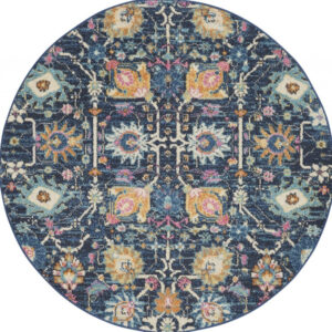 4' Navy Blue Yellow And Pink Floral Round Rug
