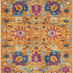 2' X 3' Blue And Orange Floral Distressed Area Rug