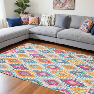 8' X 10' Gray Blue And Orange Ogee Distressed Area Rug
